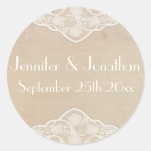 Vintage Canvas und Spitze Stil Hochzeitsaufkleber Runder Aufkleber