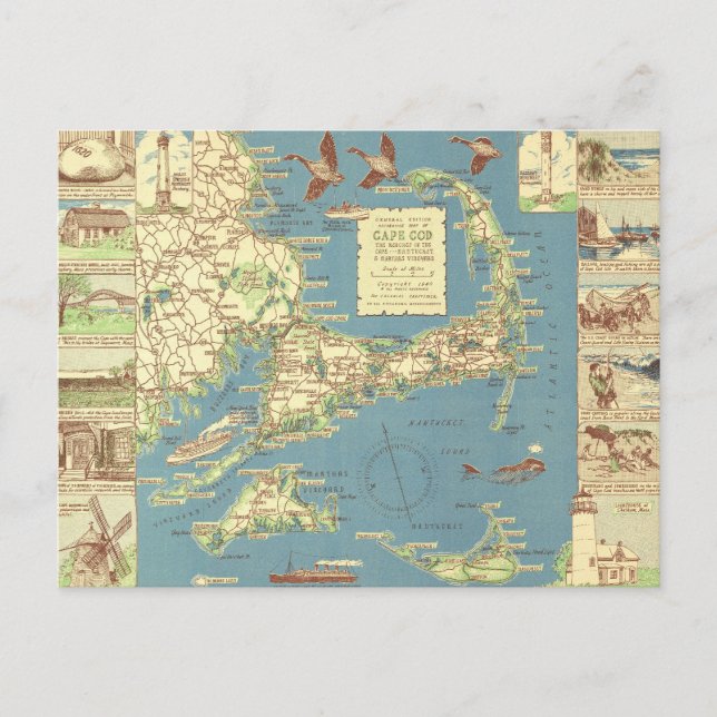 Vintage Cape Cod Map (1940) Postkarte (Vorderseite)