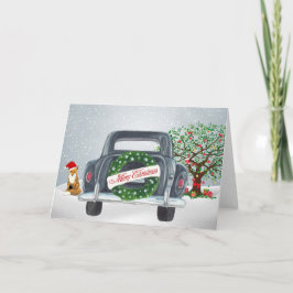Vintage Car and Fox Christmas Card Feiertagskarte