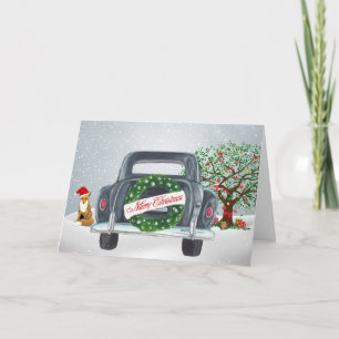 Vintage Car and Fox Christmas Card Feiertagskarte