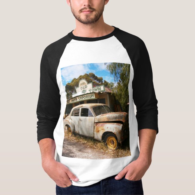 Vintage Car and Garage, Mens Raglan Tshirt (Vorderseite)