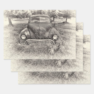 Vintage Car Antikes Schwarz-Weiß Rustikal Geschenkpapier Set