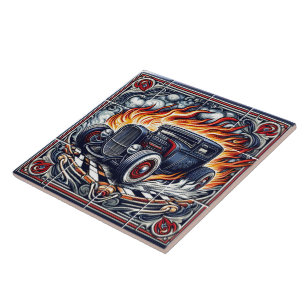 Vintage Car Artwork mit glühenden Flammen auf Flie Fliese