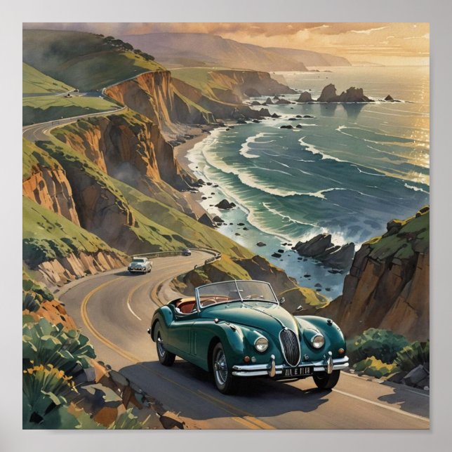 Vintage Car auf der Strandpromenade Poster (Vorne)