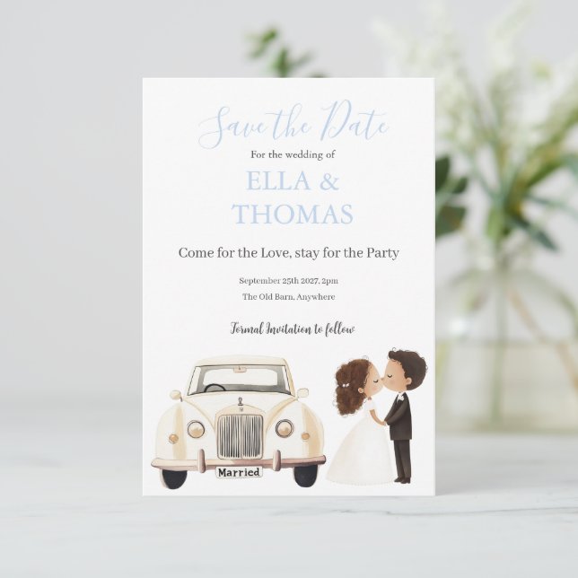 Vintage Car Bride & Groom Lavender Save The Date (Stehend Vorderseite)