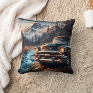 Vintage Car By Mountain Stream bei Sonnenuntergang Kissen