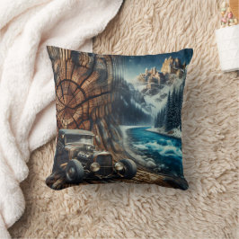 Vintage Car by River im Landschaftlichen Gebirge L Kissen