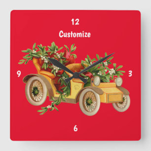 Vintage Car Christmas Mistletoe Thunder_Cove Quadratische Wanduhr