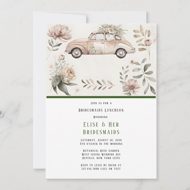 Vintage Car Floral Bridesmaids Einladung (Vorderseite)