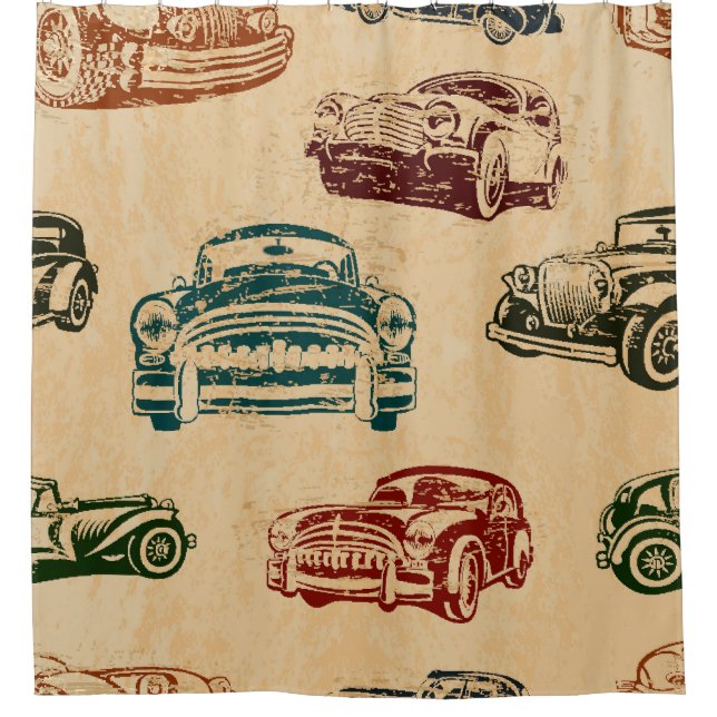 Vintage Car Illustration Hintergrundmuster Duschvorhang (Vorderseite)