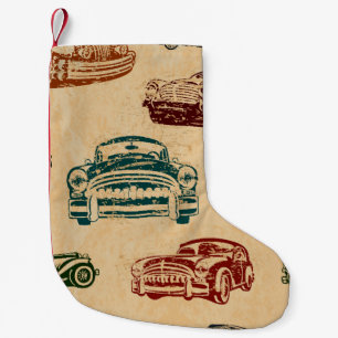 Vintage Car Illustration Hintergrundmuster Kleiner Weihnachtsstrumpf
