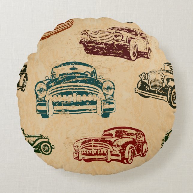 Vintage Car Illustration Hintergrundmuster Rundes Kissen (Vorderseite)