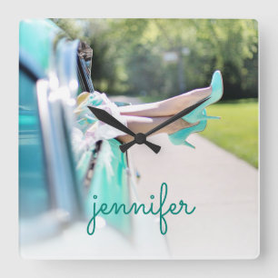 Vintage Car Minze Green High Heels Retro Girl Quadratische Wanduhr