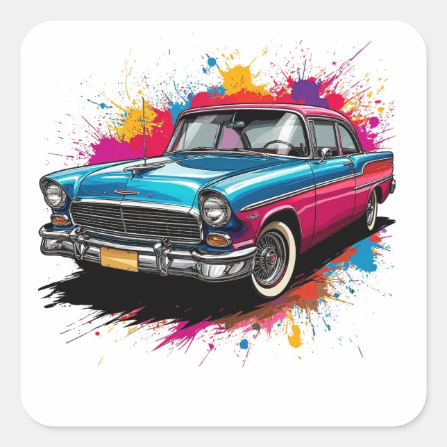 Vintage Car mit farbenprächtigen Paint Splash Quadratischer Aufkleber (Vorderseite)