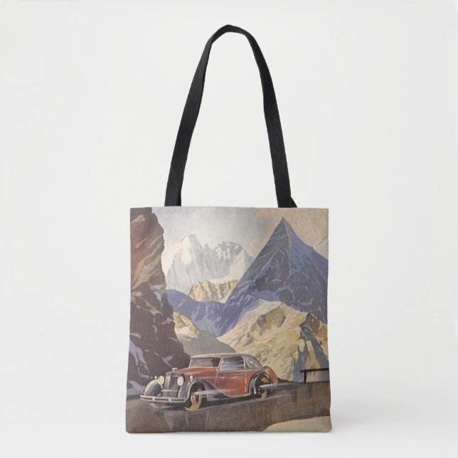 Vintage Car on Mountain Road im Winter mit Schnee (Vorderseite)