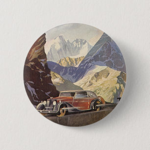 Vintage Car on Mountain Road im Winter mit Schnee Button