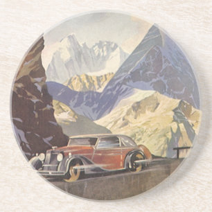 Vintage Car on Mountain Road im Winter mit Schnee Getränkeuntersetzer