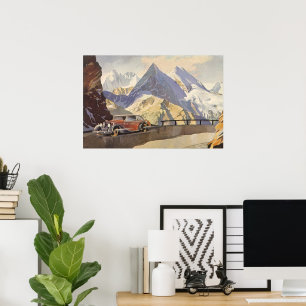 Vintage Car on Mountain Road im Winter mit Schnee Poster