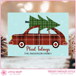 Vintage Car Red Plaid Christmas Custom Photo Feiertagskarte