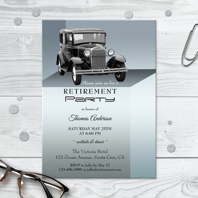 Vintage Car Retirement Party Einladung (Retirement party invitation showing a vintage car on a silver grey metallic style design background)