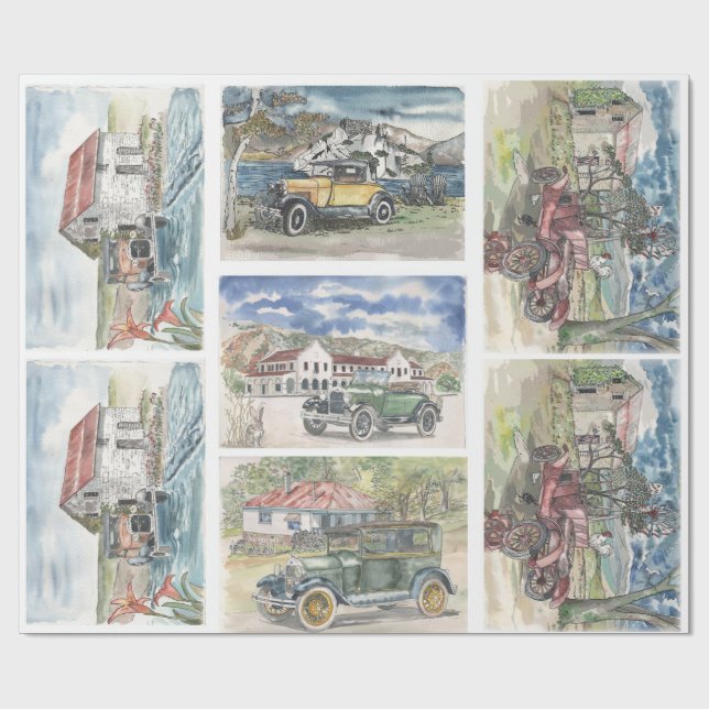 Vintage Car Szenen Geschenkpapier (Flach)