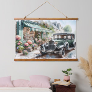 Vintage Car und Charme Blume Shop Wandteppich Mit Holzrahmen