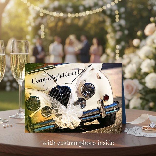 Vintage Car Wedding Congratulations Card Karte (Wedding or anniversary congratulations card featuring a vintage car with festive bridal bows)