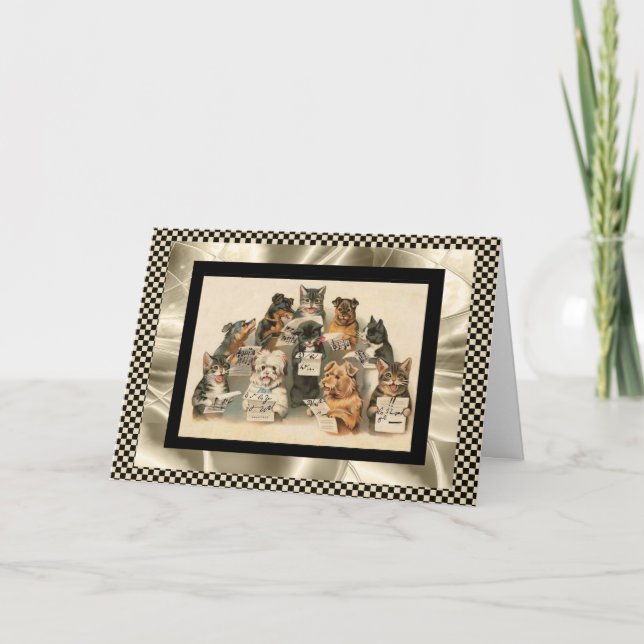 Vintage Card Gesang Hunde & Katzen Beste Wünsche Karte (Vorderseite)