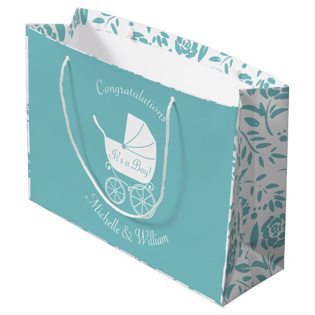 Vintage Carriage Baby-Dusche Große Geschenktüte (Rückseite Schrägansicht)