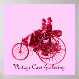 Vintage Cars Ansammlung, rosa Fuchsienviolett Poster