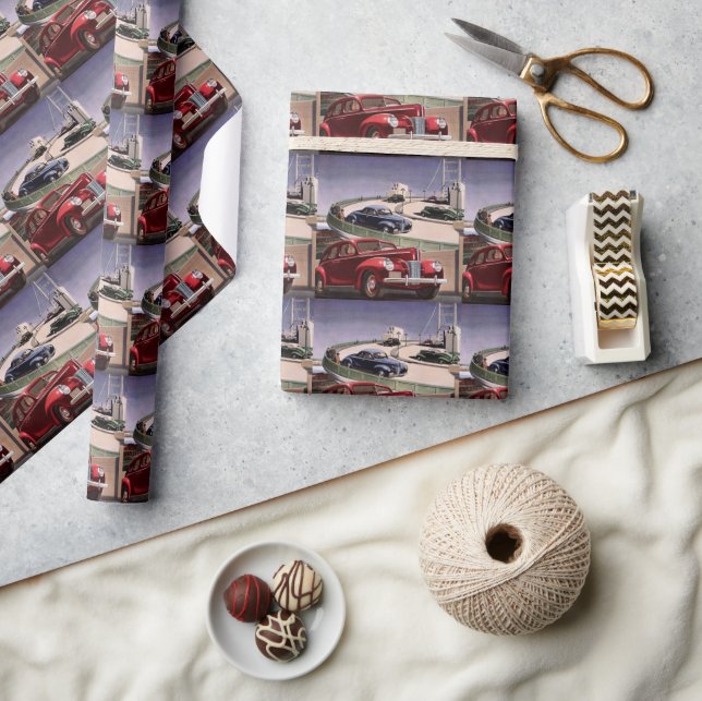 Vintage Cars, Classic Sedans Road Trip on Freeway Geschenkpapier (Kunsthandwerk)