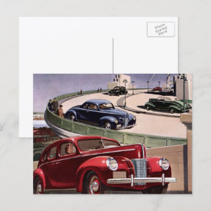 Vintage Cars, Classic Sedans Road Trip on Freeway Postkarte