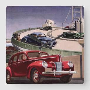 Vintage Cars, Classic Sedans Road Trip on Freeway Quadratische Wanduhr
