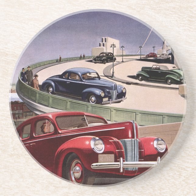 Vintage Cars, Classic Sedans Road Trip on Freeway Sandstein Untersetzer (Vorne)