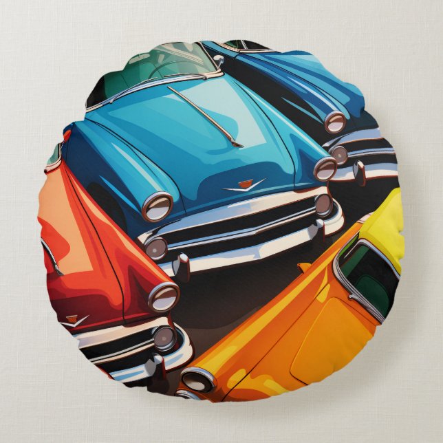 Vintage Cars Pattern Rundes Kissen (Vorderseite)