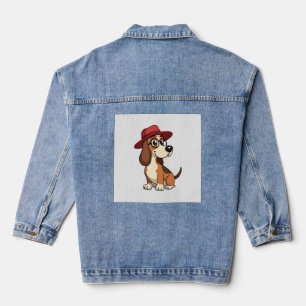 Vintage-Cartoon Basset Hound mit roter Mütze Süßer Jeansjacke
