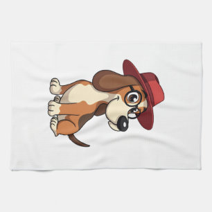 Vintage-Cartoon eines Basset Hounds mit roter Mütz Geschirrtuch