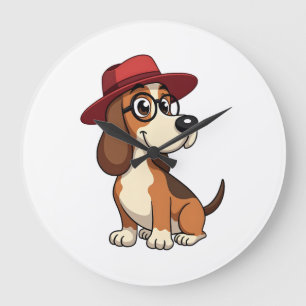 Vintage-Cartoon eines Basset Hounds mit roter Mütz Große Wanduhr