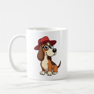 Vintage-Cartoon eines Basset Hounds mit roter Mütz Kaffeetasse