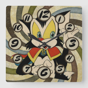 Vintage-Cartoon-Katze alt retro Spirale anpassbar Quadratische Wanduhr