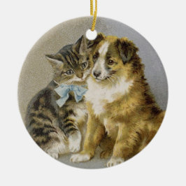 Vintage cat and dog intimate friendship keramik ornament