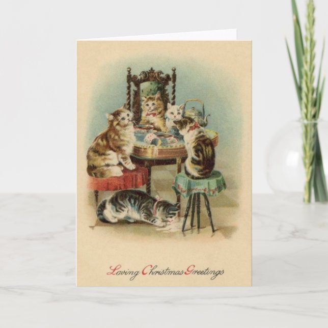 Vintage Cat Breakfast Weihnachtskarte Karte (Vorderseite)