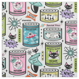 Vintage Cat Food Cans auf Blassgrau ©studioxtin Stoff