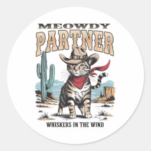 Vintage Cat Meowdy Partner Cowboy-Geschenke für Mä Runder Aufkleber