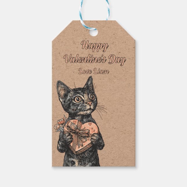 Vintage Cat With Heart Box Valentines Day Geschenkanhänger (Vorderseite)