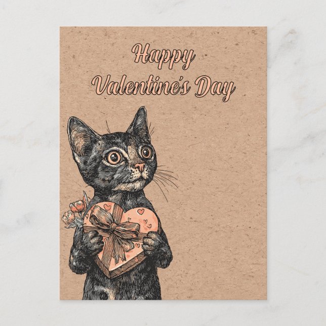 Vintage Cat With Heart Box Valentines Day Postkarte (Vorderseite)