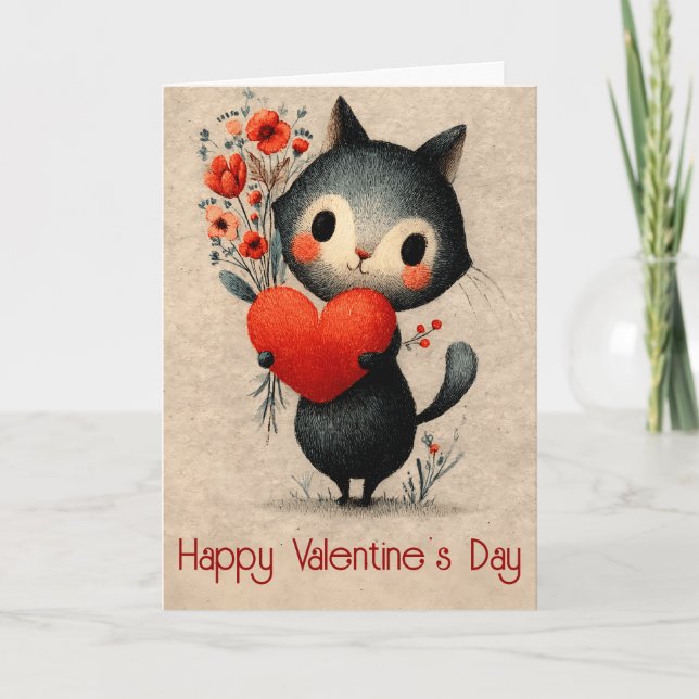 Vintage Cat With Heart Valentine's Day Karte (Vorderseite)