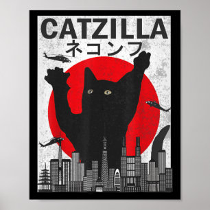 Vintage Catzilla Japanischer Sonnenuntergang Stil Poster