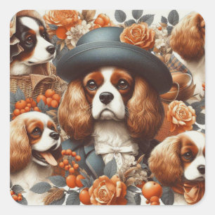 Vintage Cavalier King Charles Spaniel Gemälde Quadratischer Aufkleber