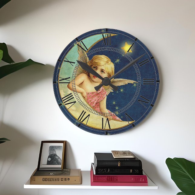 Vintage Celestial Cherub Moon Dark Blue Runde Wanduhr (Vintage celestial cherub wall clock, girl angel resting on crescent moon.)